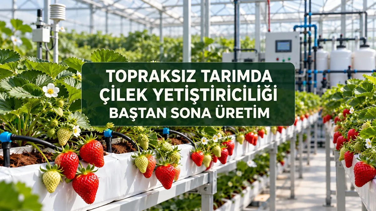 Cocopeat yetiştirme ortamı ve damla sulama sistemi kullanılan modern topraksız çilek serası