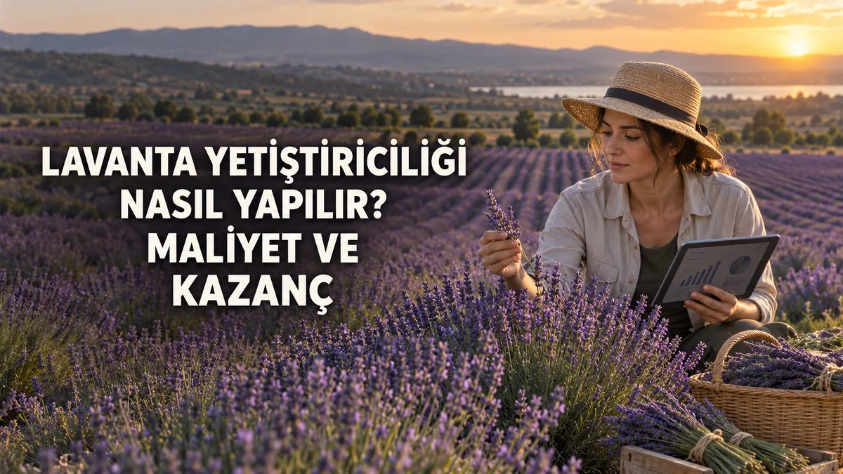 Çiçeklenme dönemindeki lavanta tarlasında üretim verilerini ve kazanç potansiyelini inceleyen kadın üretici