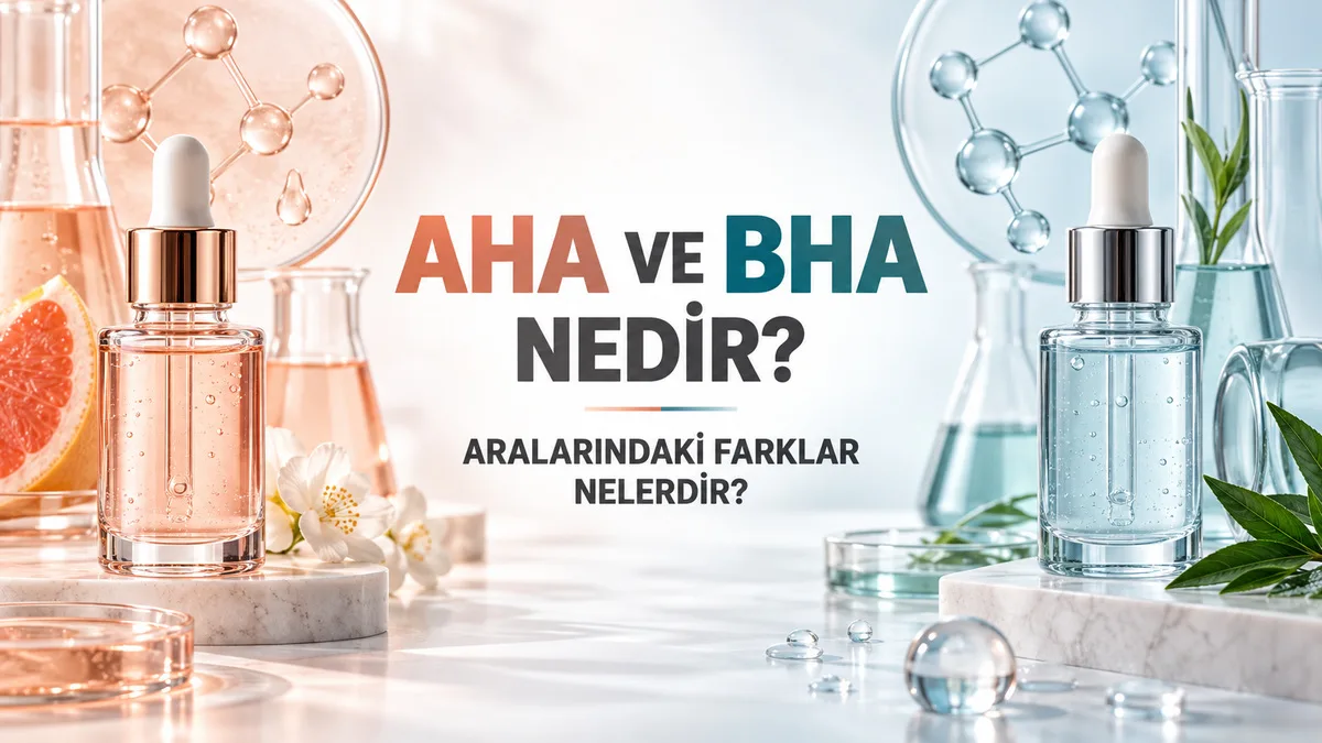 AHA ve BHA serumlarının özelliklerini ve aralarındaki farkları temsil eden kozmetik formülasyon görseli