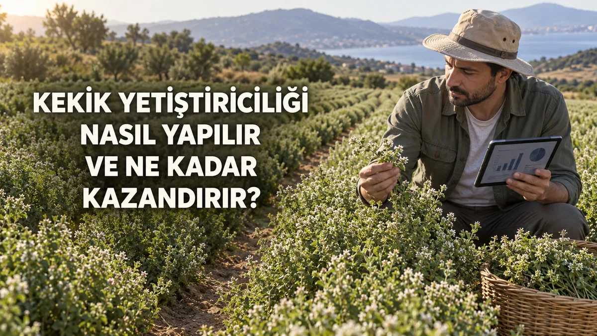 Çiçeklenme dönemindeki ticari kekik tarlasında ürün kalitesini ve üretim verilerini inceleyen üretici