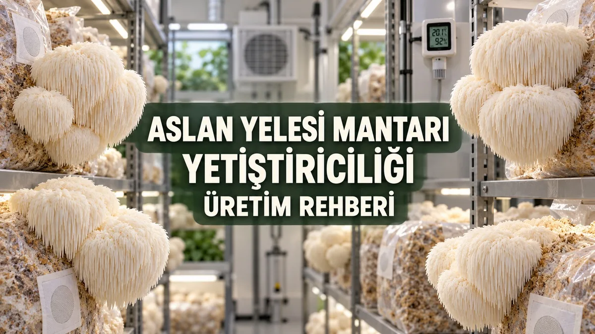 Kontrollü üretim odasında filtreli substrat blokları üzerinde yetiştirilen aslan yelesi mantarları.