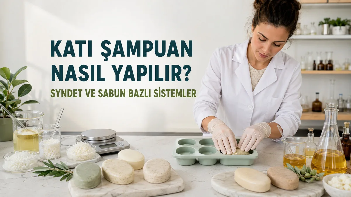 Syndet yüzey aktif maddeleri ve kozmetik hammaddelerle katı şampuan hazırlayan formülasyon öğrencisi