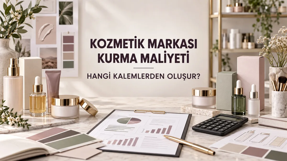 Kozmetik ürün ambalajları, bütçe raporu ve hesap makinesiyle kozmetik markası kurma maliyetlerinin planlanması