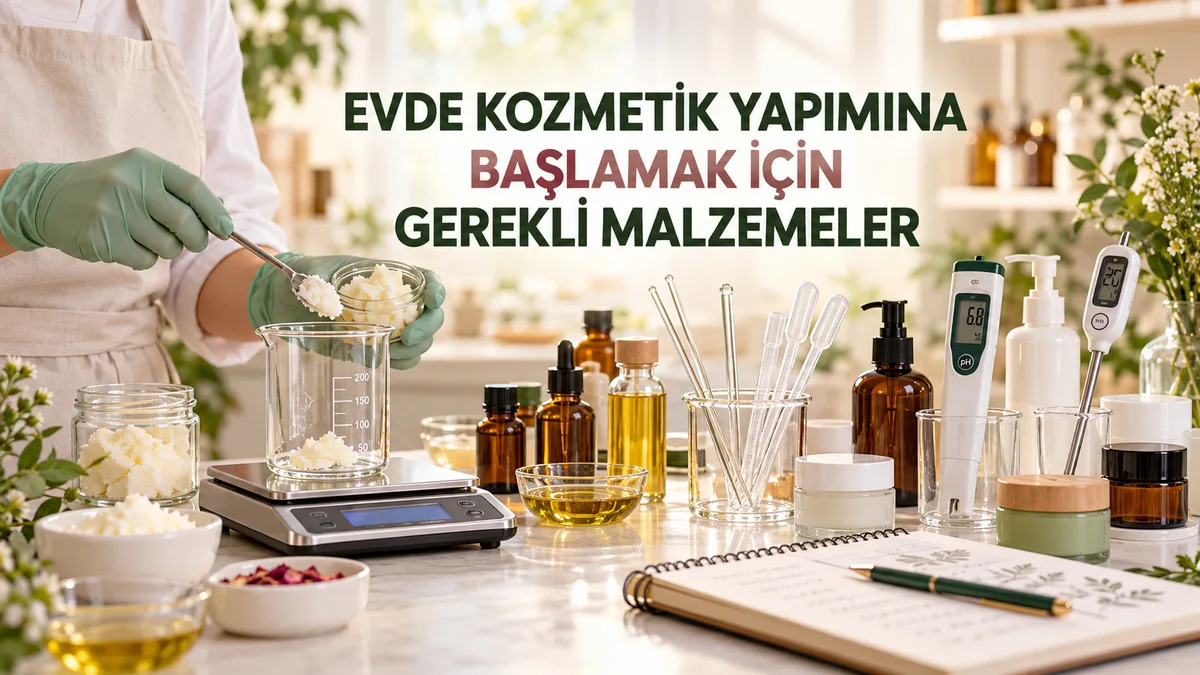 Evde kozmetik yapımına başlamak için hassas terazi, pH metre, beher, spatula, bitkisel yağlar ve temel formülasyon malzemeleri
