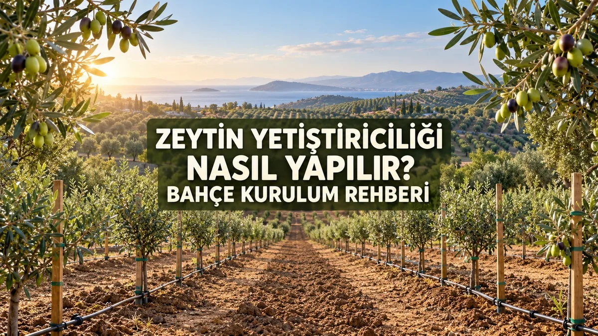 Damla sulama sistemiyle düzenli sıralar hâlinde kurulmuş genç zeytin bahçesi.