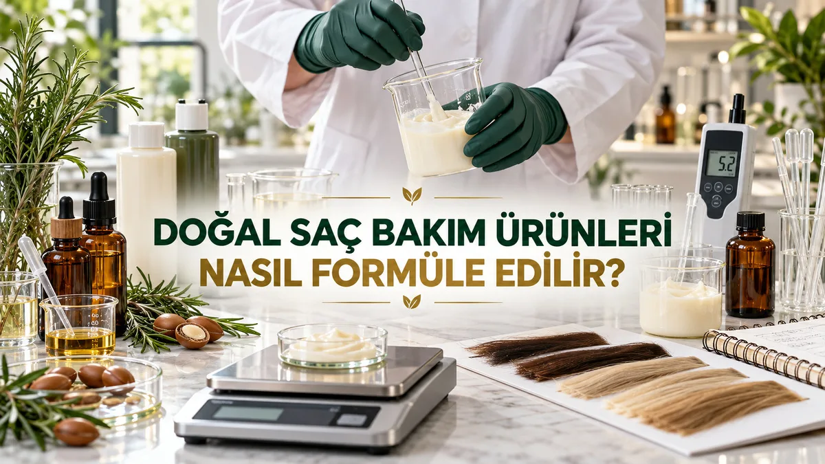 Doğal şampuan ve saç kremi formülasyonu için pH metre, hassas terazi, bitkisel yağlar, beherler ve saç tutamlarıyla yapılan laboratuvar çalışması
