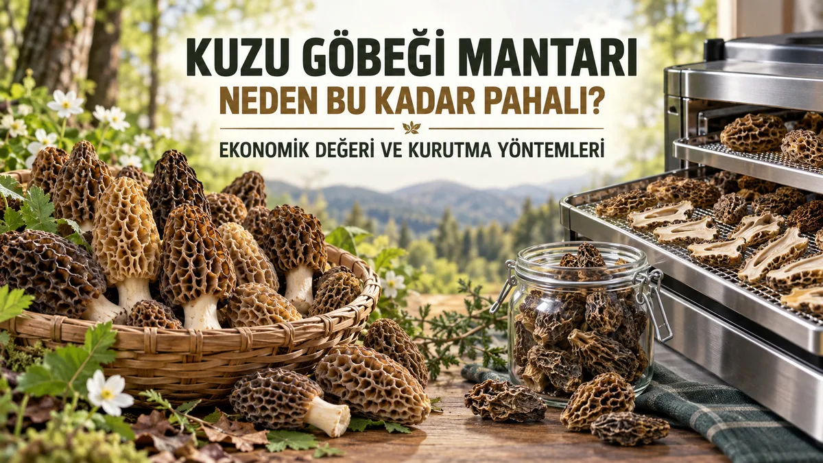 Sepette taze kuzu göbeği mantarları ile kontrollü kurutucuda hazırlanan kurutulmuş kuzu göbekleri.